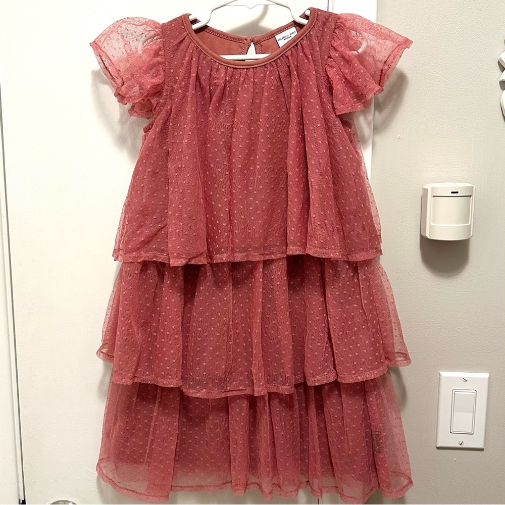 Polarn O. Pyret Ruffle Tiered Tulle Plum Pink Dress Girls 5-6 textured polkadot